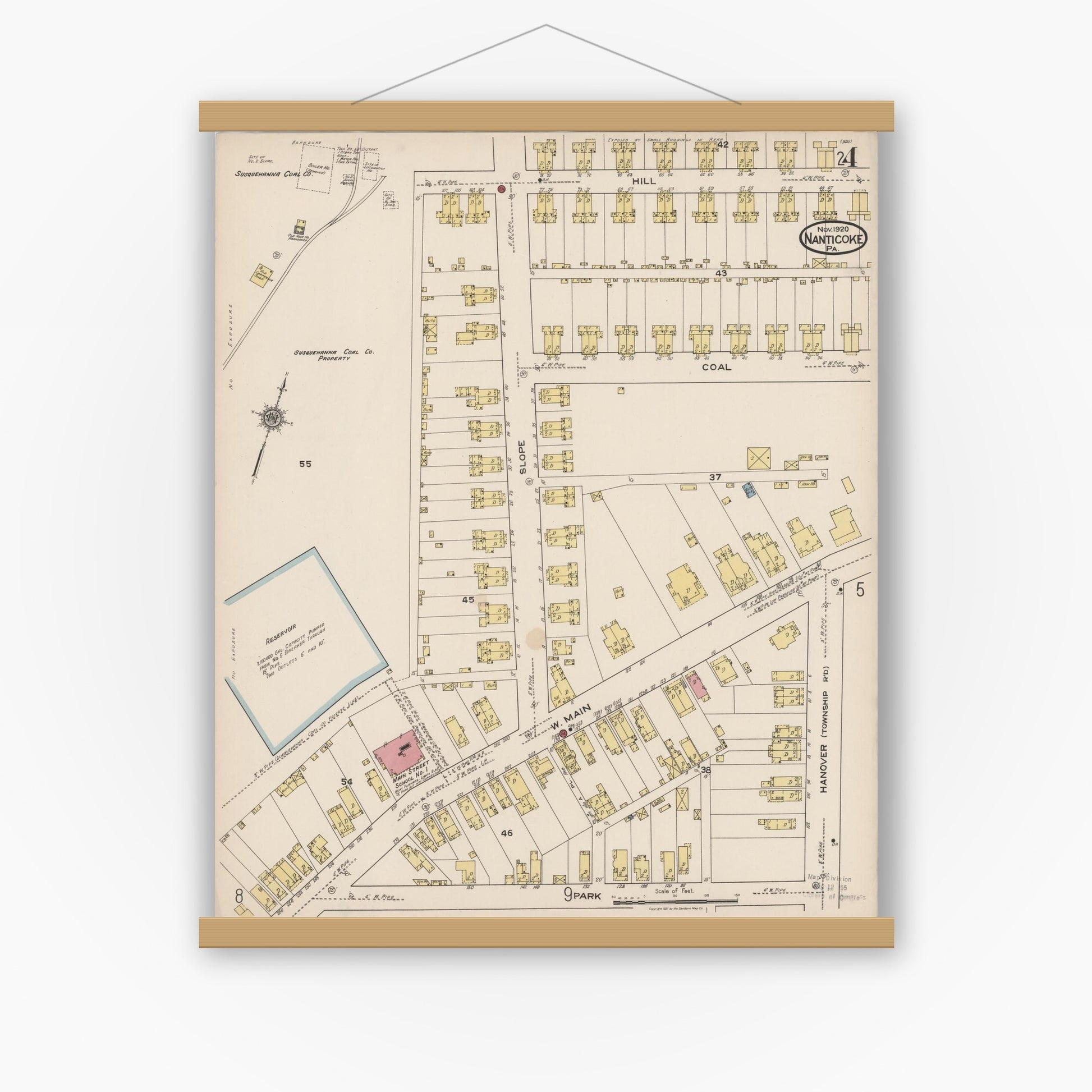 Old map wall art mockup — magnetic wood frame on white wall — Sanborn Fire Insurance Map from Nanticoke, Luzerne County, Pennsylvania (1920), Sheet #0004