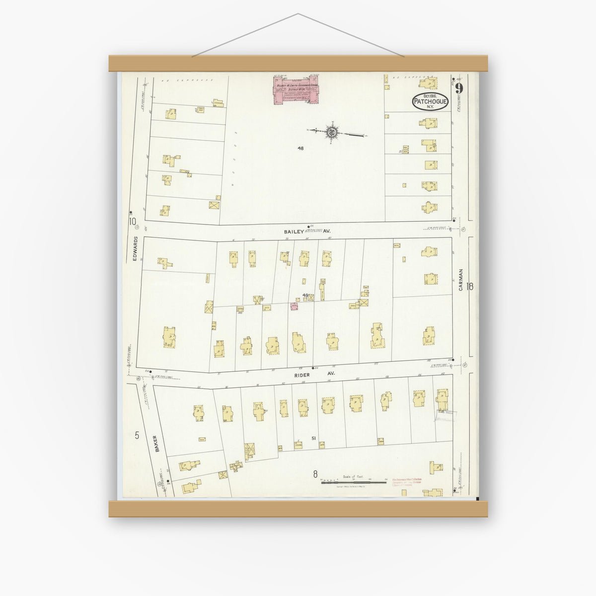 Old map wall art mockup — magnetic wood frame on white wall — Sanborn Fire Insurance Map from Patchogue, Suffolk County, New York (1916), Sheet #0009