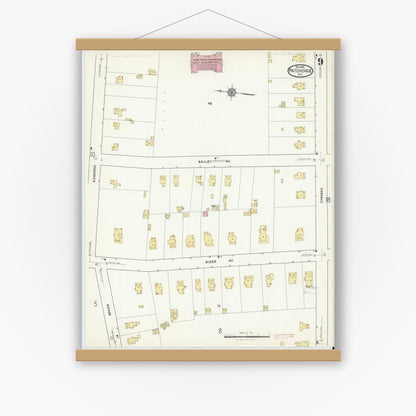 Old map wall art mockup — magnetic wood frame on white wall — Sanborn Fire Insurance Map from Patchogue, Suffolk County, New York (1916), Sheet #0009