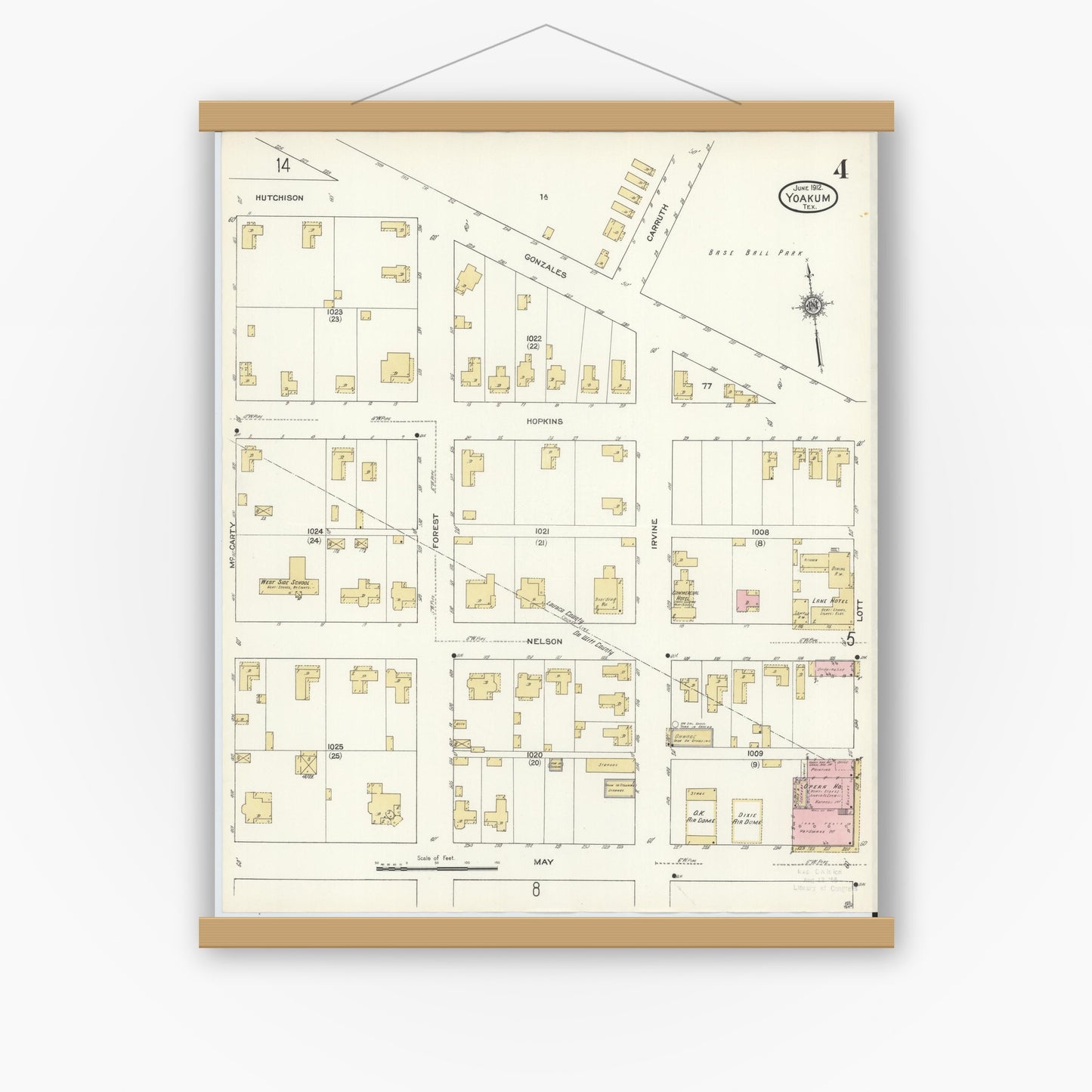 Old map wall art mockup — magnetic wood frame on white wall — Sanborn Fire Insurance Map from Yoakum, De Witt And Lavaca Counties, Texas (1912), Sheet #0004