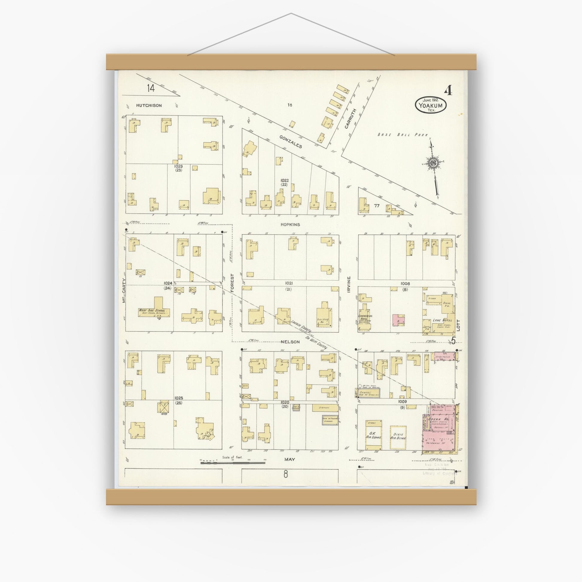 Old map wall art mockup — magnetic wood frame on white wall — Sanborn Fire Insurance Map from Yoakum, De Witt And Lavaca Counties, Texas (1912), Sheet #0004