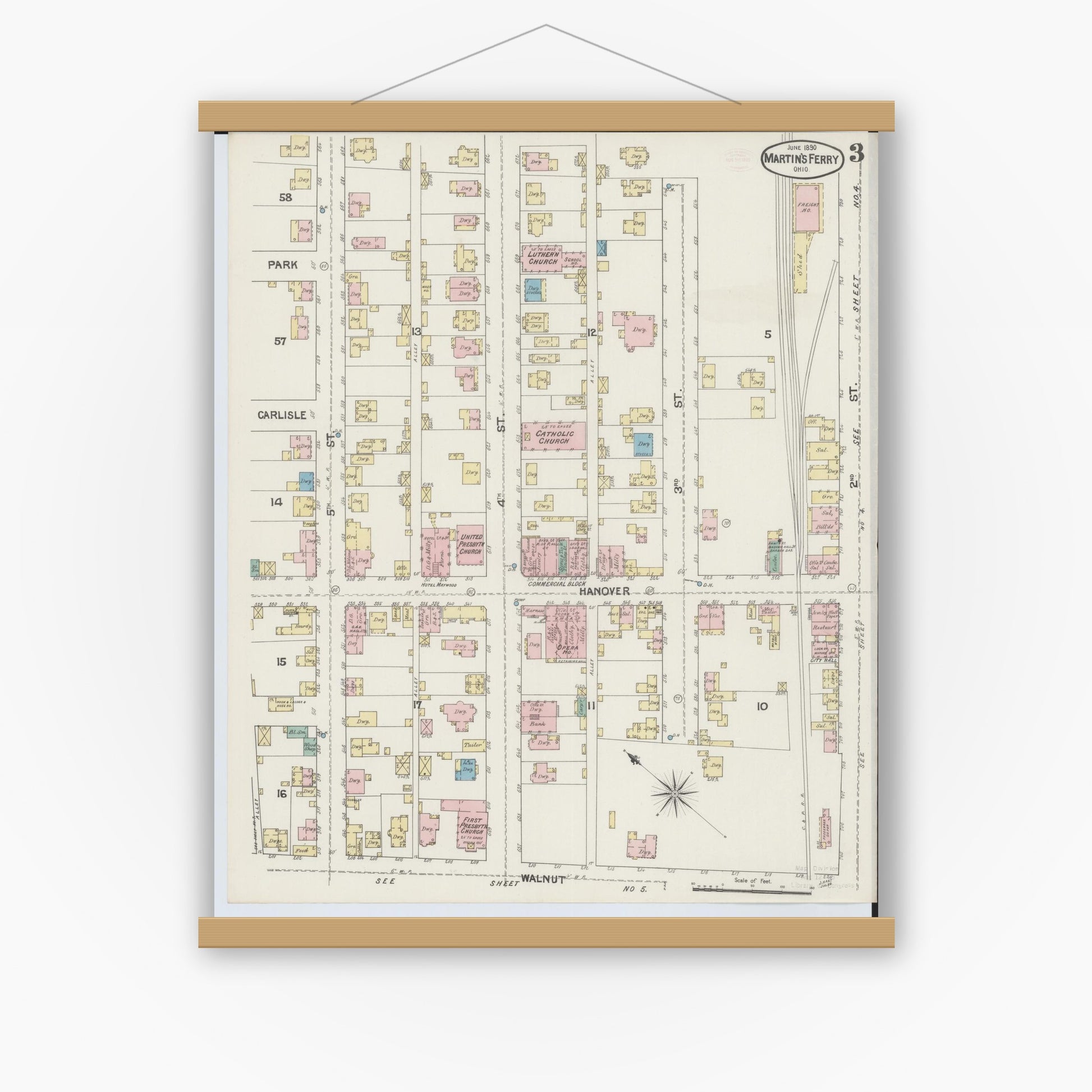 Old map wall art mockup — magnetic wood frame on white wall — Sanborn Fire Insurance Map from Martins Ferry, Belmont County, Ohio (1890), Sheet #0003