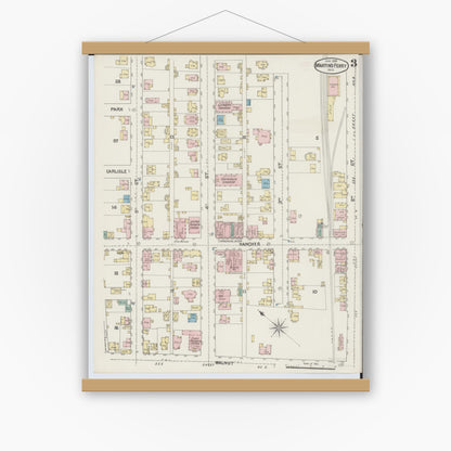 Old map wall art mockup — magnetic wood frame on white wall — Sanborn Fire Insurance Map from Martins Ferry, Belmont County, Ohio (1890), Sheet #0003