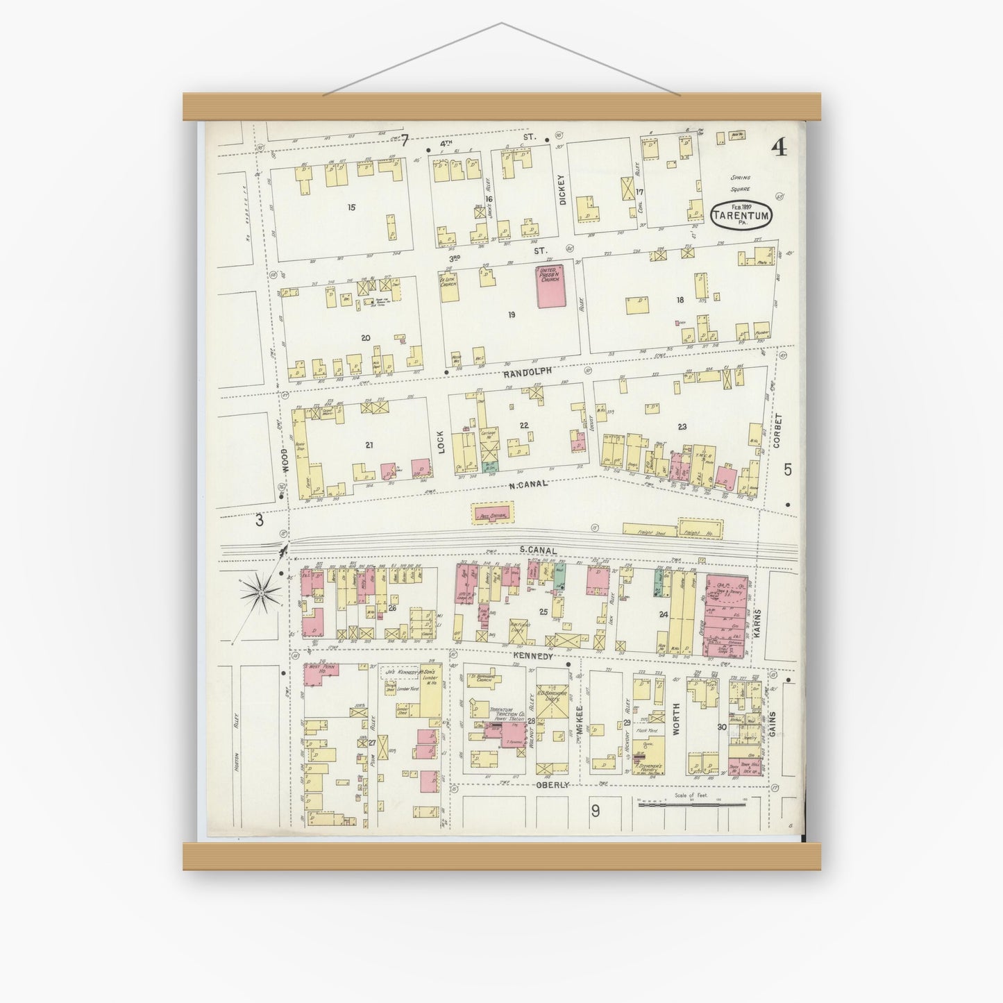 Old map wall art mockup — magnetic wood frame on white wall — Sanborn Fire Insurance Map from Tarentum, Allegheny County, Pennsylvania (1897), Sheet #0004