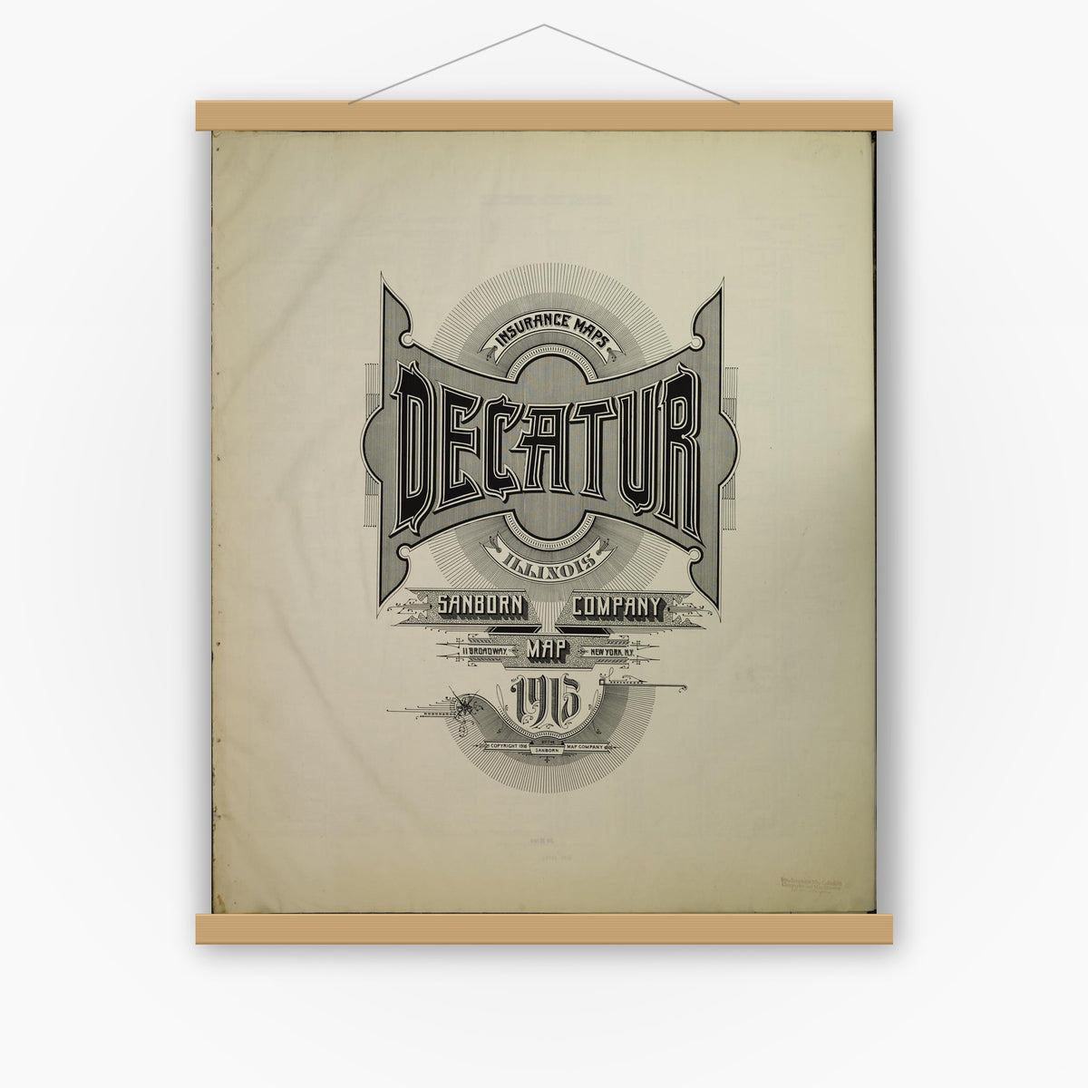 Old map wall art mockup — magnetic wood frame on white wall — Sanborn Fire Insurance Map from Decatur, Macon County, Illinois (1916), Sheet #0001