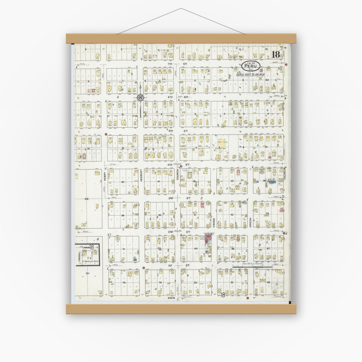 Old map wall art mockup — magnetic wood frame on white wall — Sanborn Fire Insurance Map from Peru, La Salle County, Illinois (1916), Sheet #0018