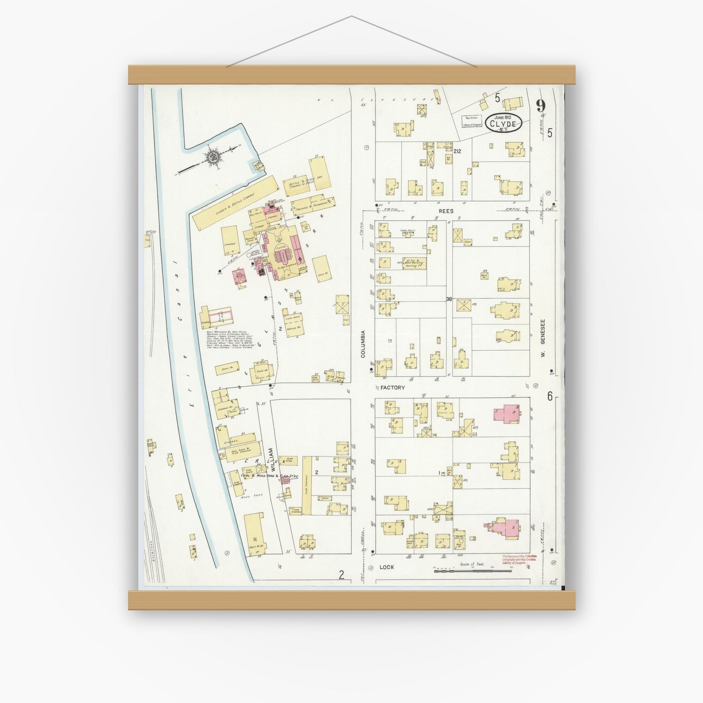 Old map wall art mockup — magnetic wood frame on white wall — Sanborn Fire Insurance Map from Clyde, Wayne County, New York (1912), Sheet #0009