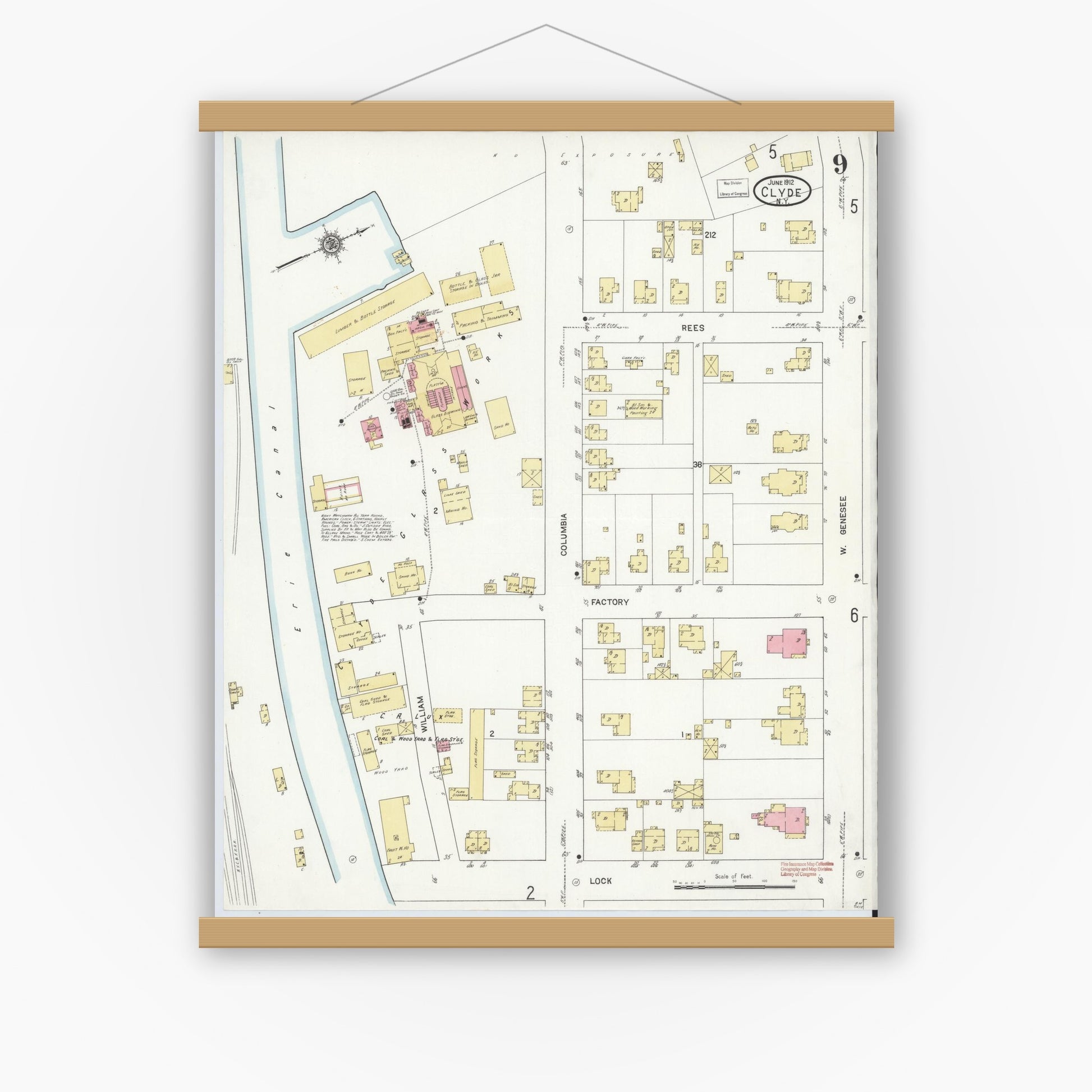 Old map wall art mockup — magnetic wood frame on white wall — Sanborn Fire Insurance Map from Clyde, Wayne County, New York (1912), Sheet #0009