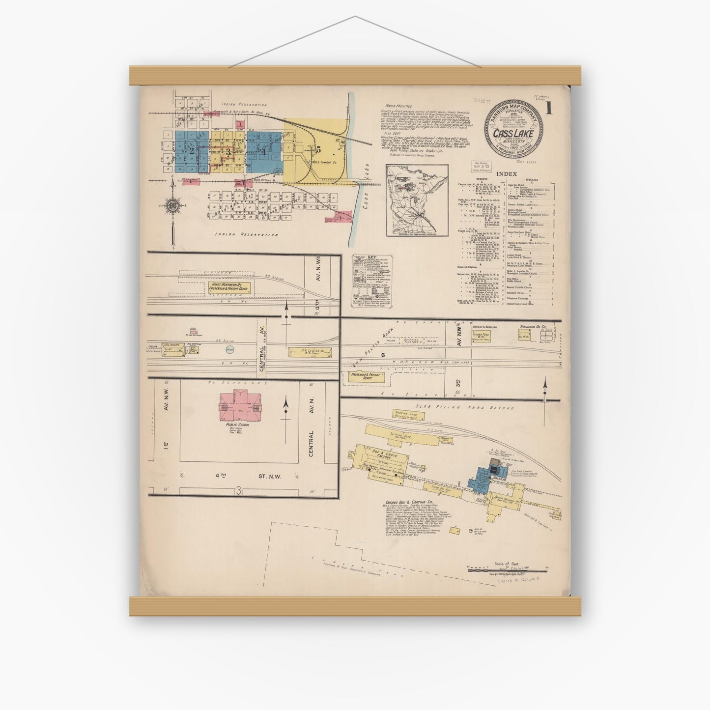 Old map wall art mockup — magnetic wood frame on white wall — Sanborn Fire Insurance Map from Cass Lake, Cass County, Minnesota (1922) - Complete Map Set