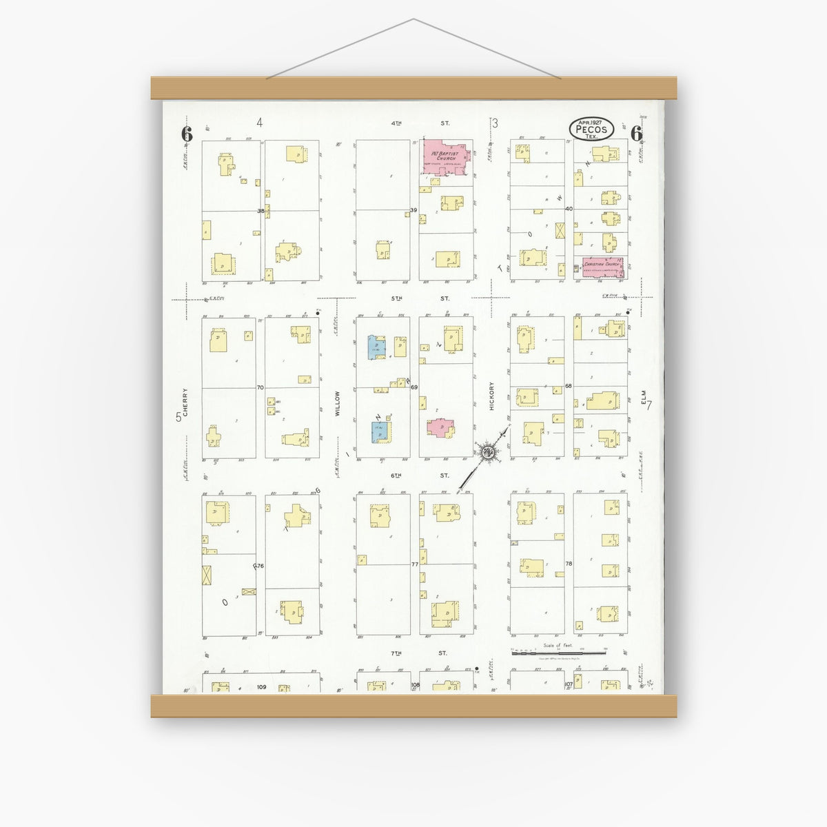 Old map wall art mockup — magnetic wood frame on white wall — Sanborn Fire Insurance Map from Pecos, Reeves County, Texas (1927), Sheet #0006