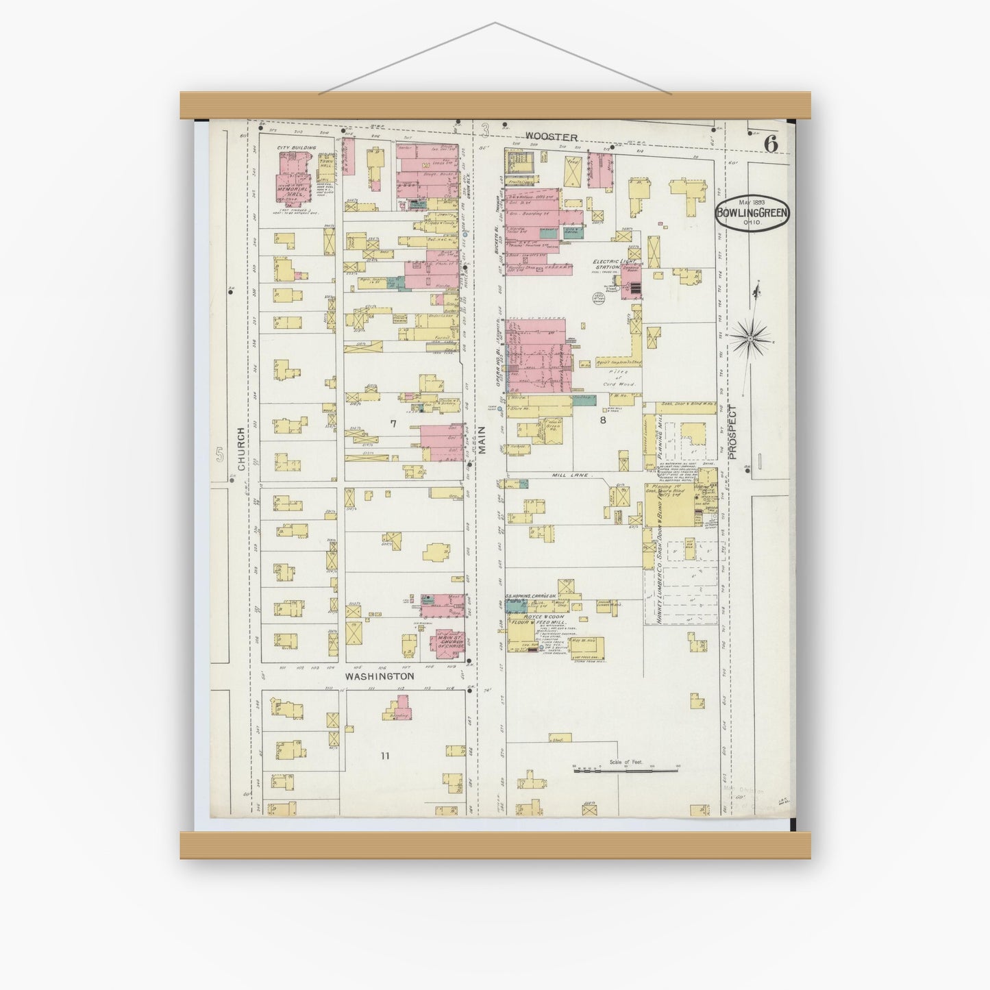 Old map wall art mockup — magnetic wood frame on white wall — Sanborn Fire Insurance Map from Bowling Green, Wood County, Ohio (1893), Sheet #0006