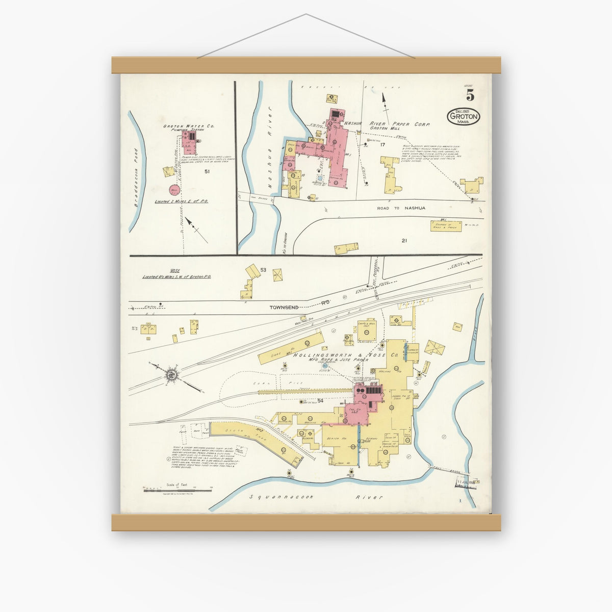 Old map wall art mockup — magnetic wood frame on white wall — Sanborn Fire Insurance Map from Groton, Middlesex County, Massachusetts (1921), Sheet #0005