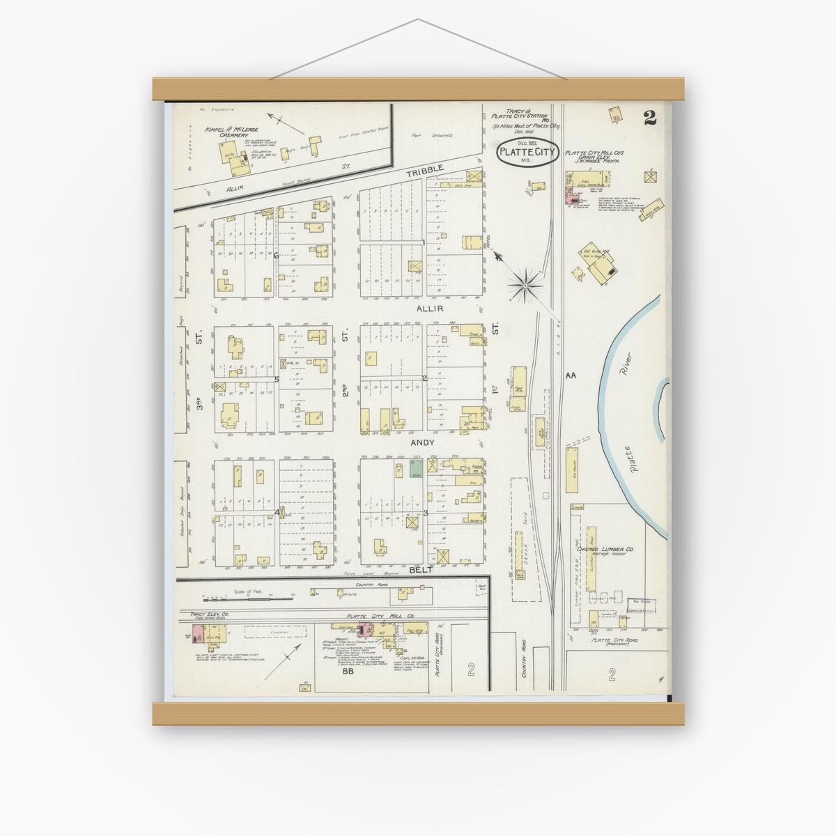 Old map wall art mockup — magnetic wood frame on white wall — Sanborn Fire Insurance Map from Platte City, Platte County, Missouri (1892), Sheet #0002