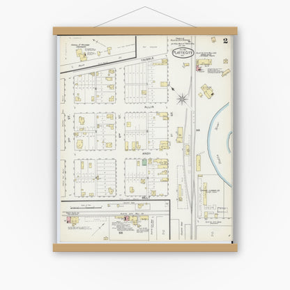 Old map wall art mockup — magnetic wood frame on white wall — Sanborn Fire Insurance Map from Platte City, Platte County, Missouri (1892), Sheet #0002