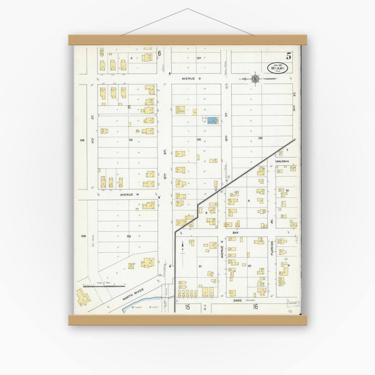 Old map wall art mockup — magnetic wood frame on white wall — Sanborn Fire Insurance Map from Miami, Dade County, Florida (1910), Sheet #0005