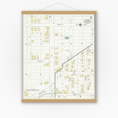 Old map wall art mockup — magnetic wood frame on white wall — Sanborn Fire Insurance Map from Miami, Dade County, Florida (1910), Sheet #0005