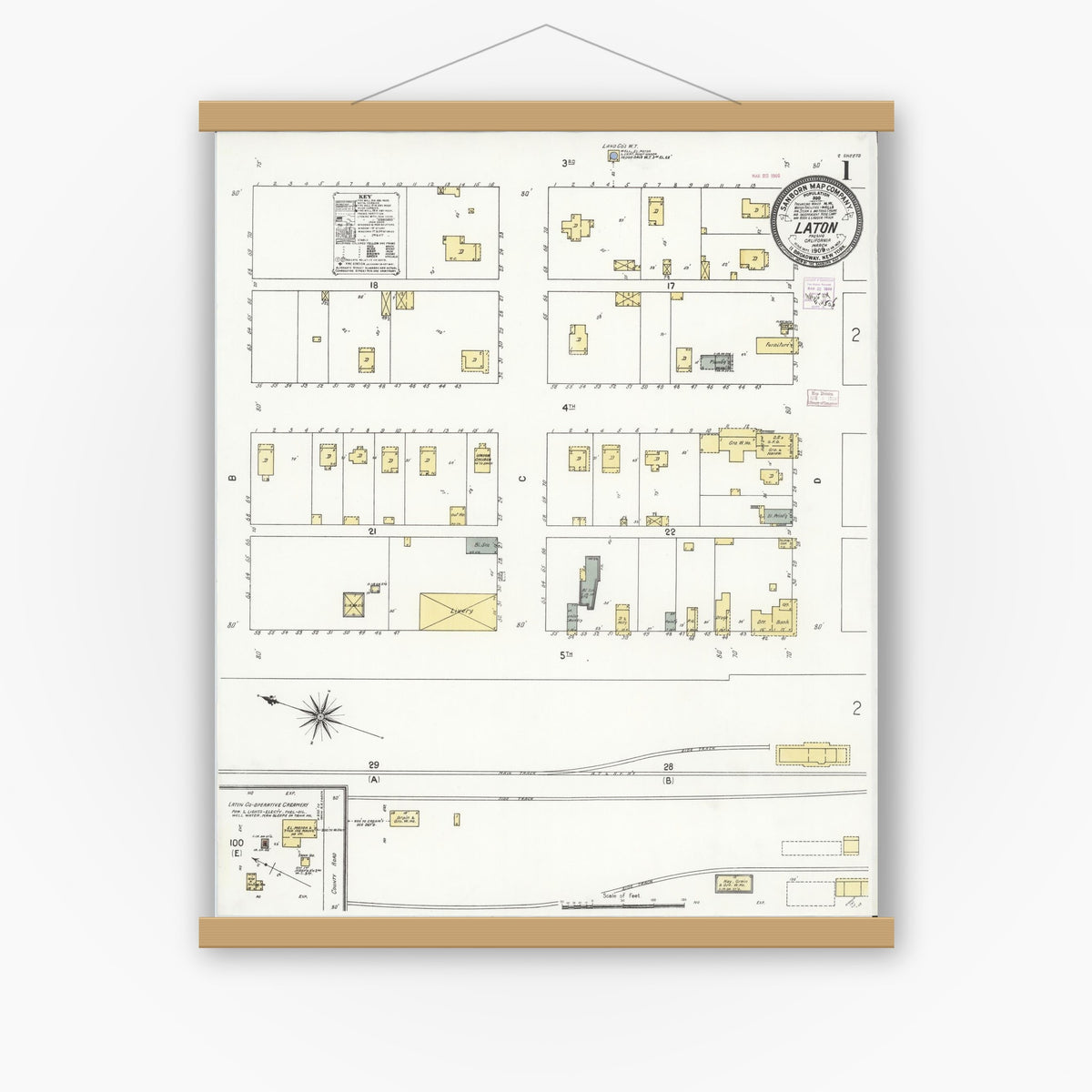 Old map wall art mockup — magnetic wood frame on white wall — Sanborn Fire Insurance Map from Laton, Fresno County, California (1909), Sheet #0001