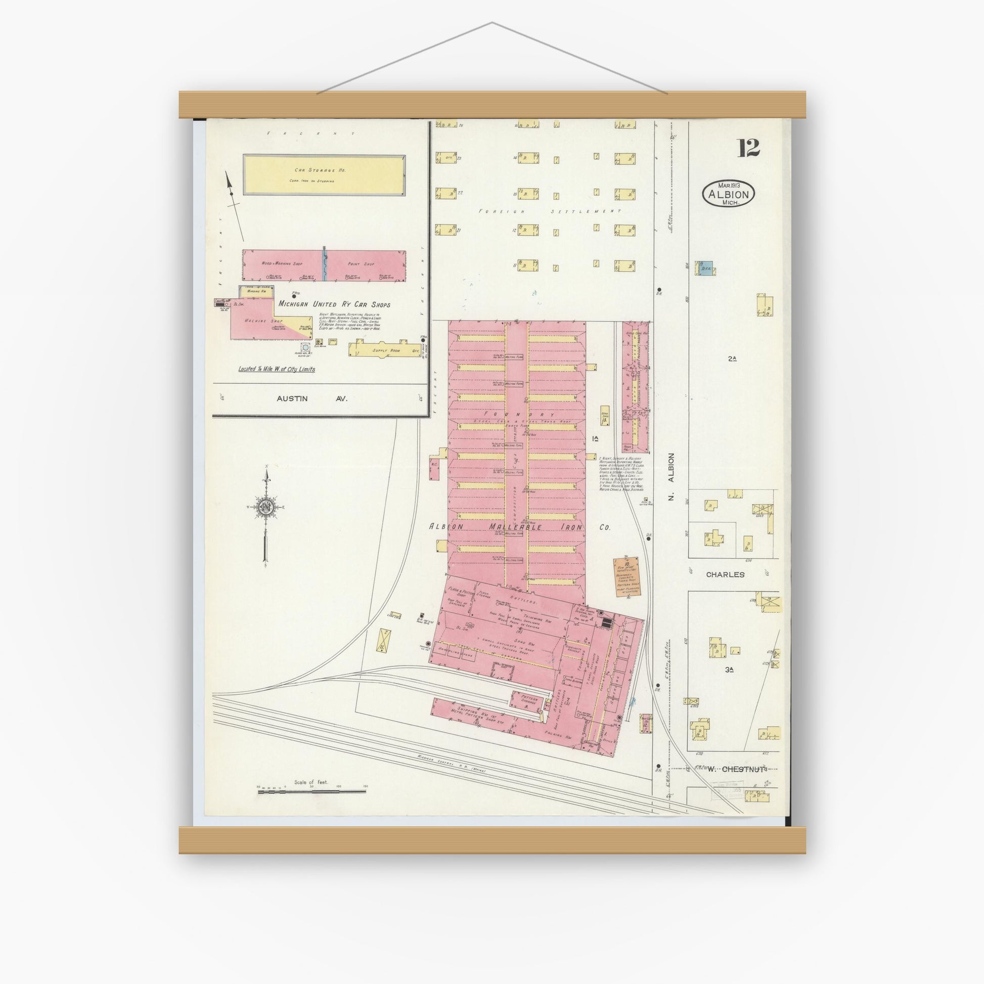 Old map wall art mockup — magnetic wood frame on white wall — Sanborn Fire Insurance Map from Albion, Calhoun County, Michigan (1913), Sheet #0012