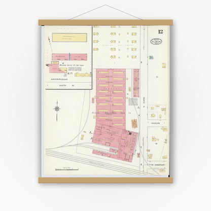 Old map wall art mockup — magnetic wood frame on white wall — Sanborn Fire Insurance Map from Albion, Calhoun County, Michigan (1913), Sheet #0012