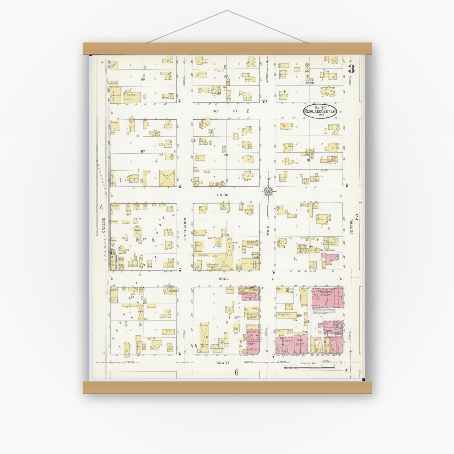 Old map wall art mockup — magnetic wood frame on white wall — Sanborn Fire Insurance Map from Richland Center, Richland County, Wisconsin (1912), Sheet #0003