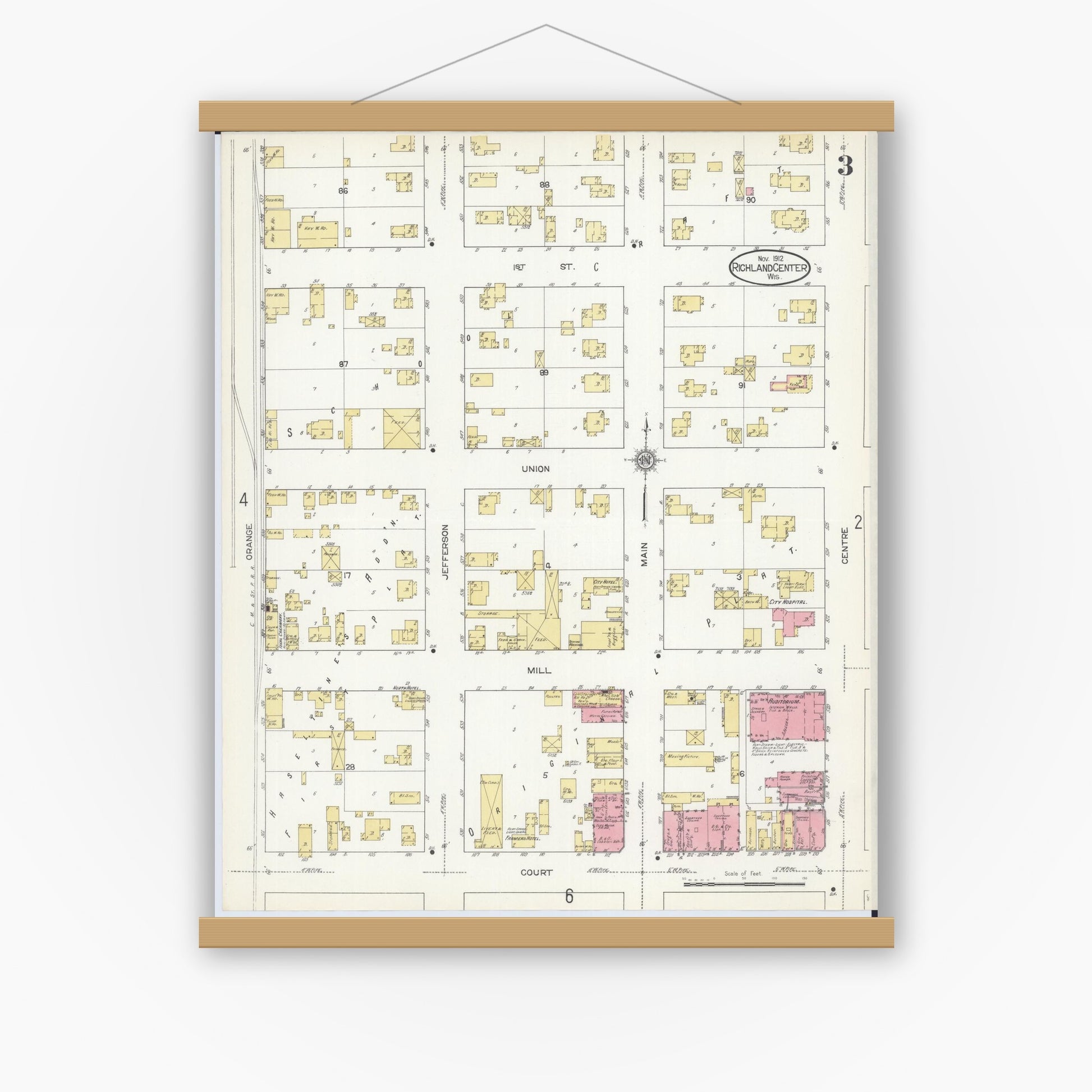 Old map wall art mockup — magnetic wood frame on white wall — Sanborn Fire Insurance Map from Richland Center, Richland County, Wisconsin (1912), Sheet #0003
