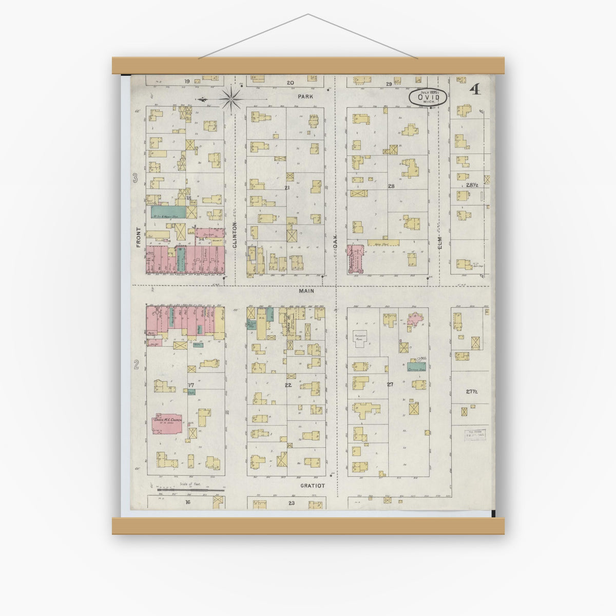 Old map wall art mockup — magnetic wood frame on white wall — Sanborn Fire Insurance Map from Ovid, Clinton County, Michigan (1895), Sheet #0004