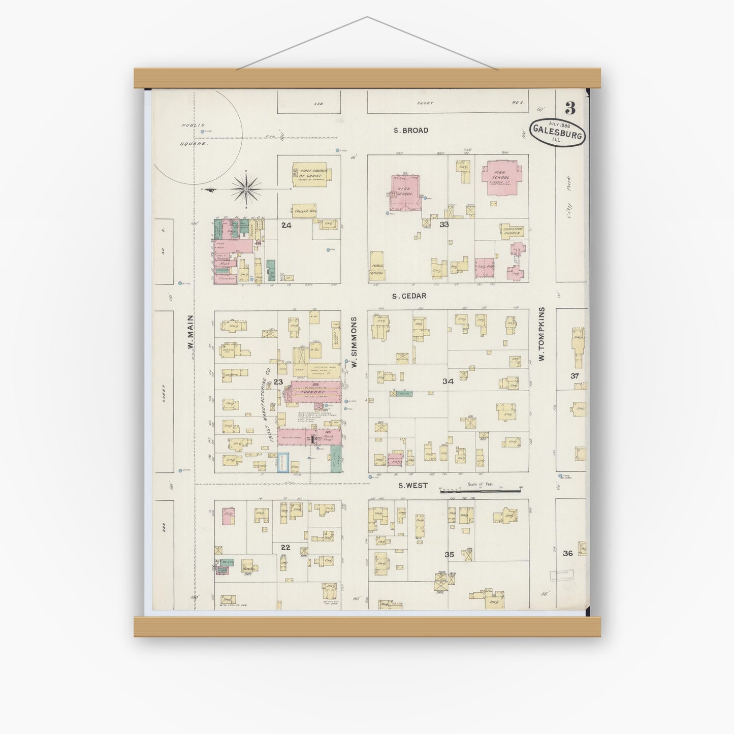 Old map wall art mockup — magnetic wood frame on white wall — Sanborn Fire Insurance Map from Galesburg, Knox County, Illinois (1888), Sheet #0003