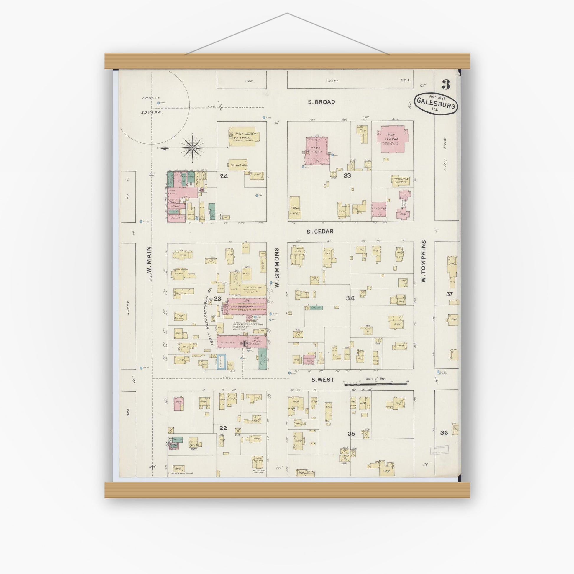 Old map wall art mockup — magnetic wood frame on white wall — Sanborn Fire Insurance Map from Galesburg, Knox County, Illinois (1888), Sheet #0003