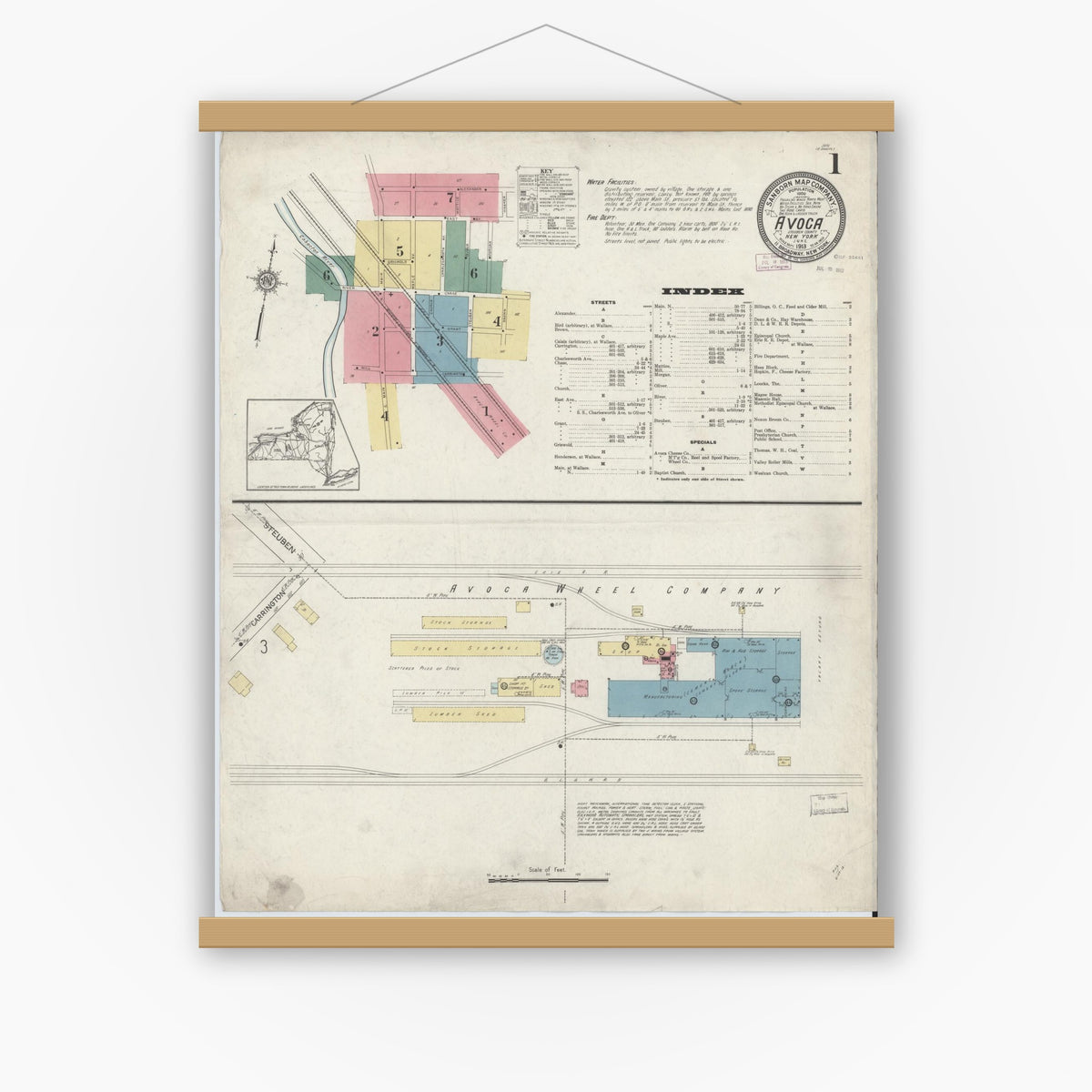 Old map wall art mockup — magnetic wood frame on white wall — Sanborn Fire Insurance Map from Avoca, Steuben County, New York (1913) - Complete Map Set