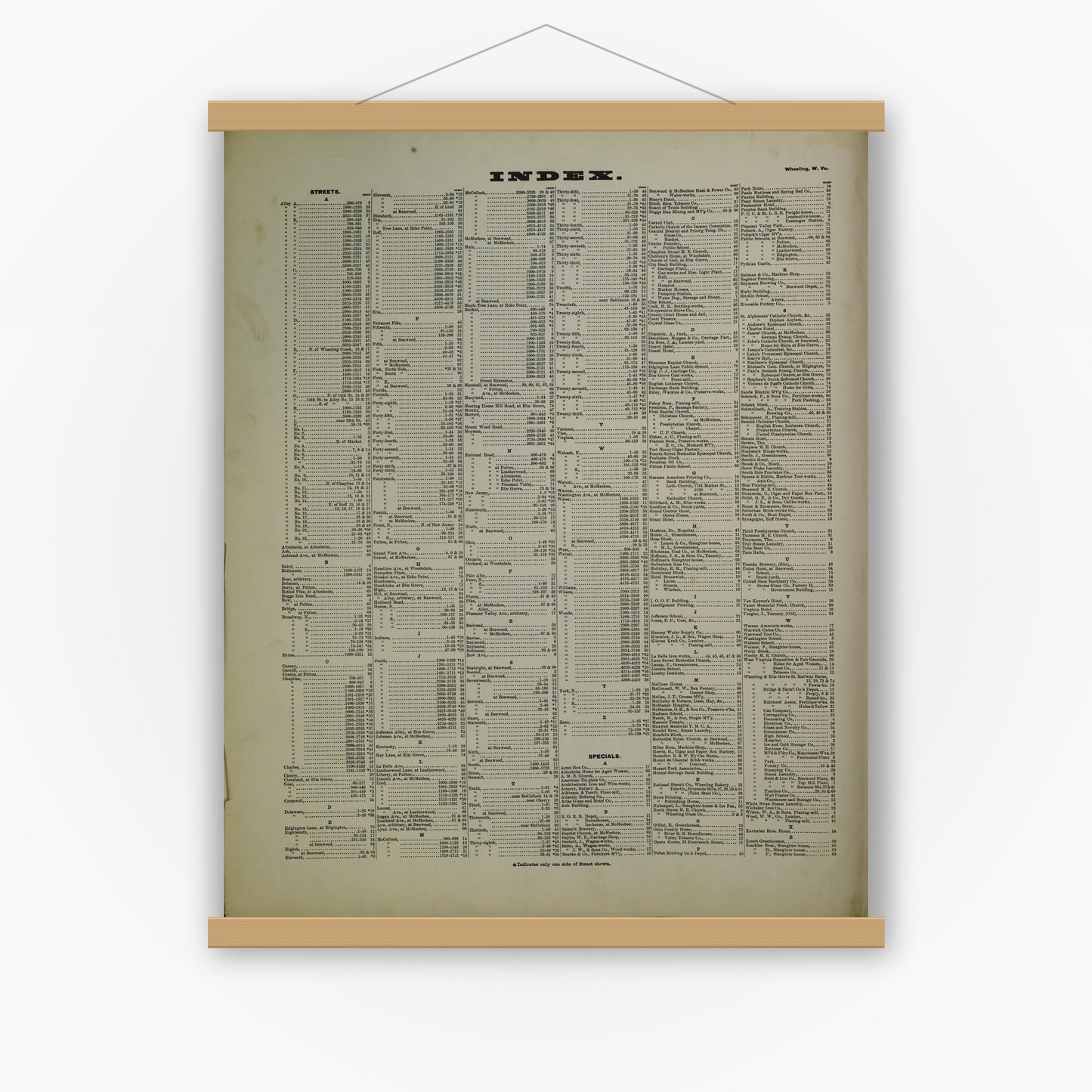 Old map wall art mockup — magnetic wood frame on white wall — Sanborn Fire Insurance Map from Wheeling, Ohio County, West Virginia (1902), Sheet #0001