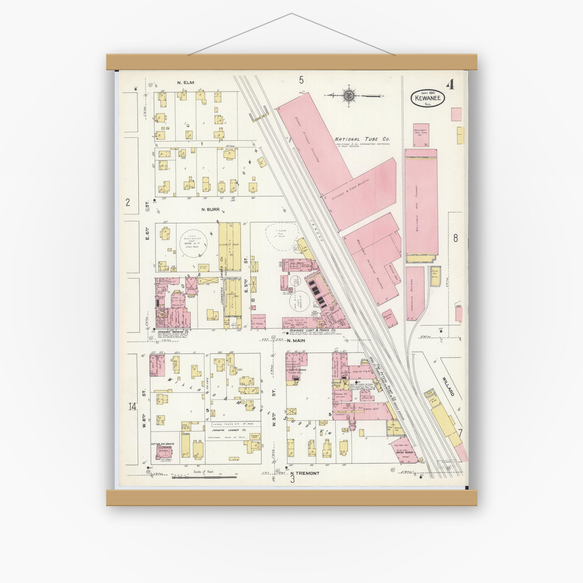Old map wall art mockup — magnetic wood frame on white wall — Sanborn Fire Insurance Map from Kewanee, Henry County, Illinois (1910), Sheet #0004