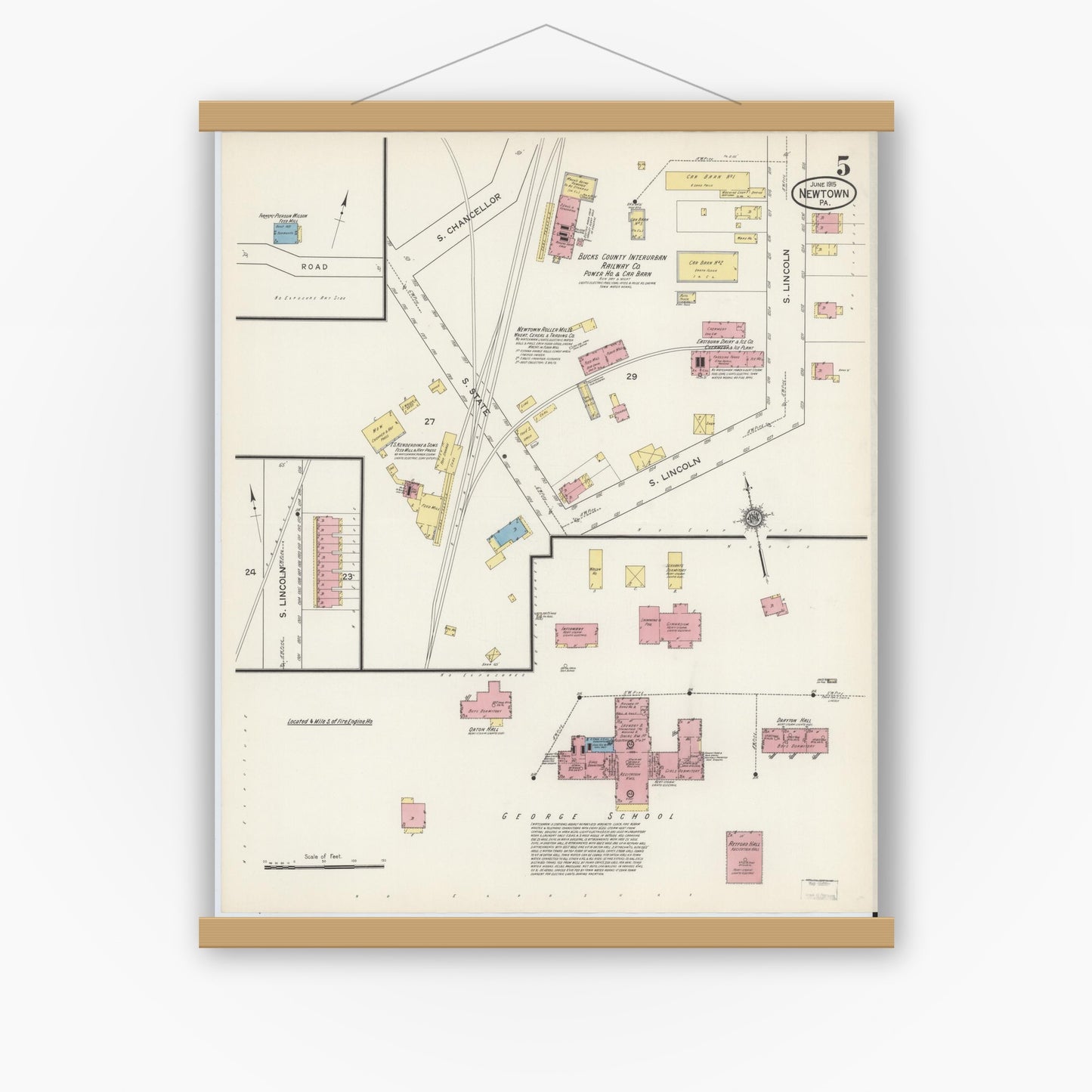 Old map wall art mockup — magnetic wood frame on white wall — Sanborn Fire Insurance Map from Newtown, Bucks County, Pennsylvania (1915), Sheet #0005