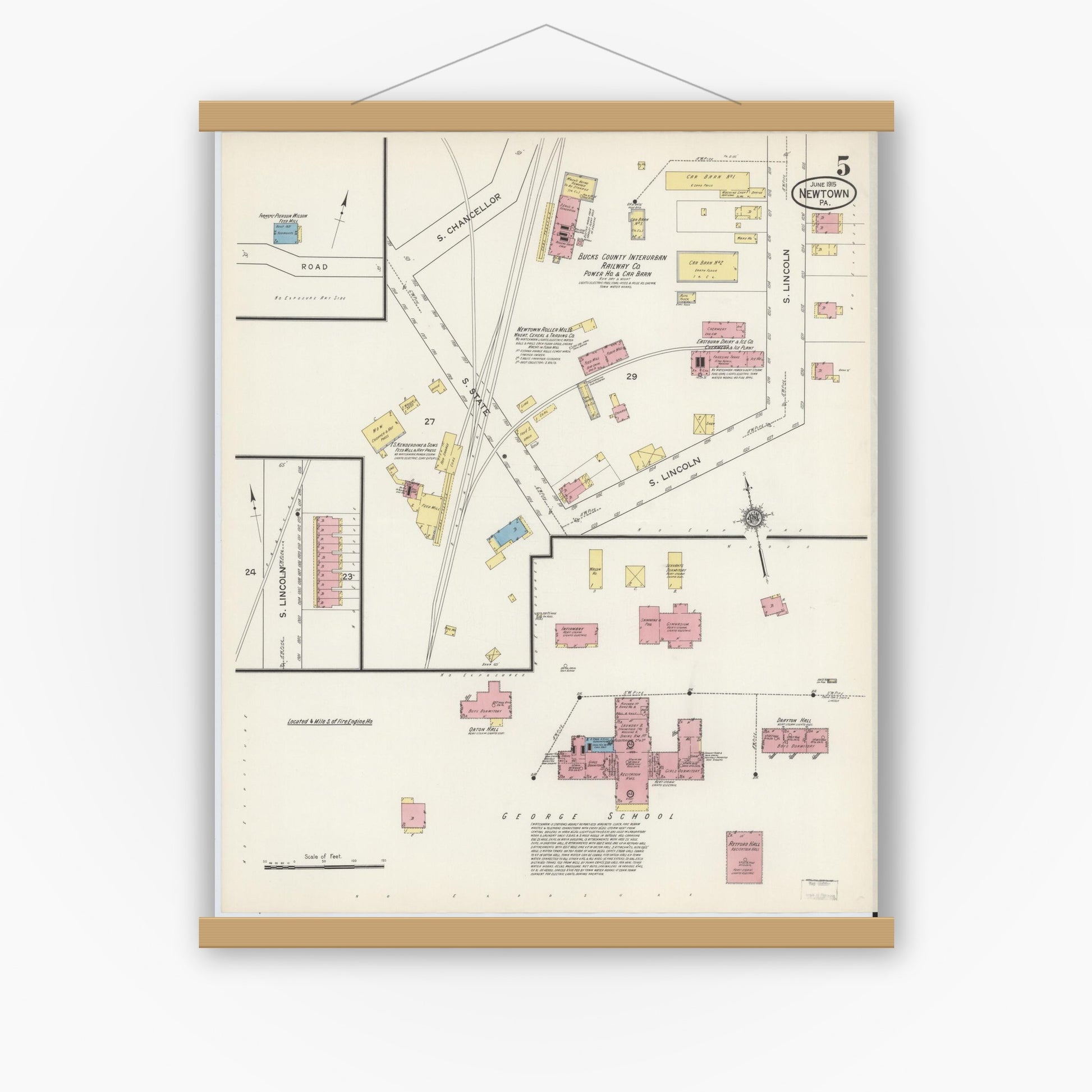 Old map wall art mockup — magnetic wood frame on white wall — Sanborn Fire Insurance Map from Newtown, Bucks County, Pennsylvania (1915), Sheet #0005