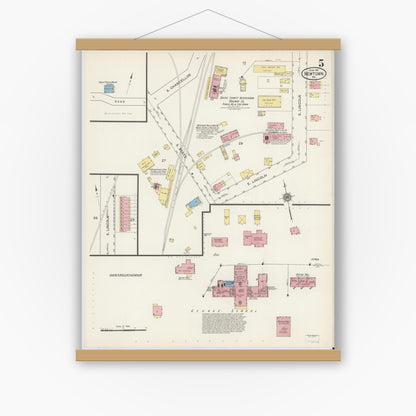 Old map wall art mockup — magnetic wood frame on white wall — Sanborn Fire Insurance Map from Newtown, Bucks County, Pennsylvania (1915), Sheet #0005