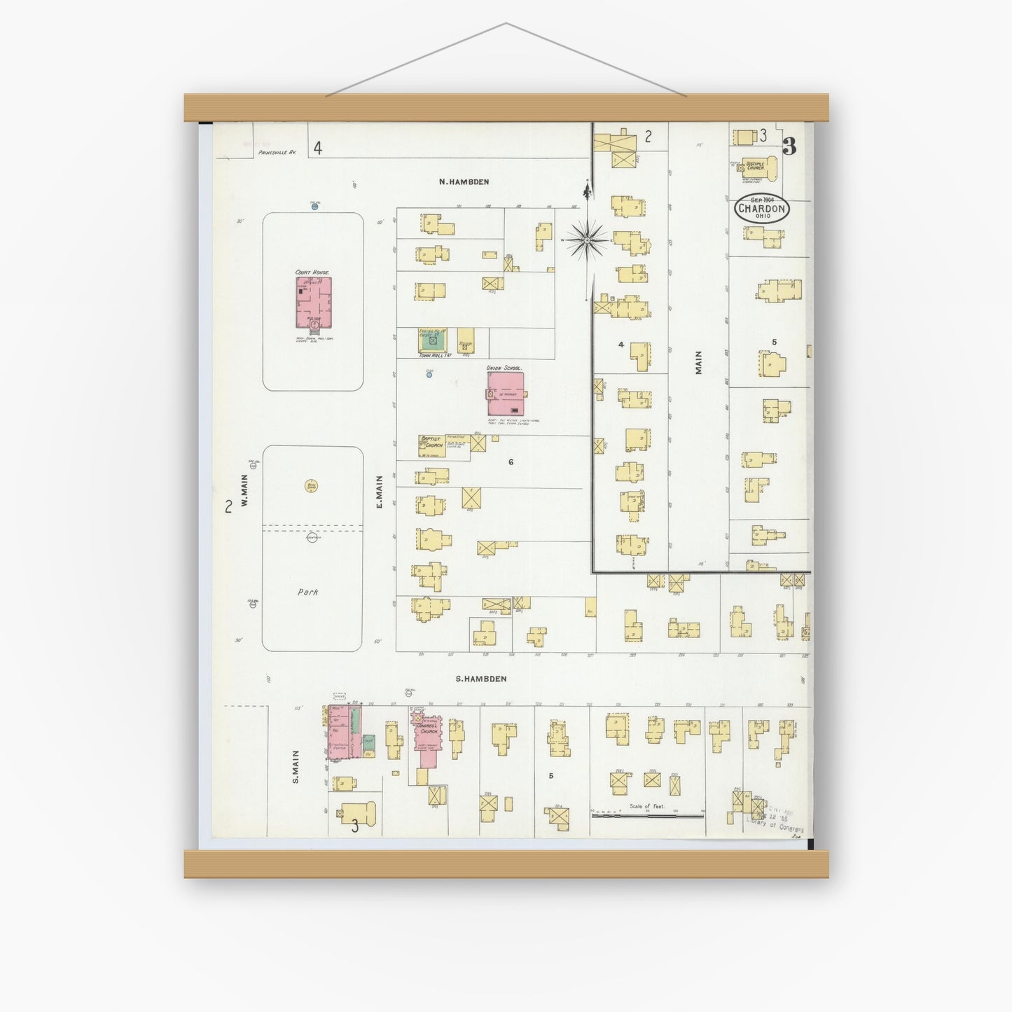 Old map wall art mockup — magnetic wood frame on white wall — Sanborn Fire Insurance Map from Chardon, Geauga County, Ohio (1904), Sheet #0003