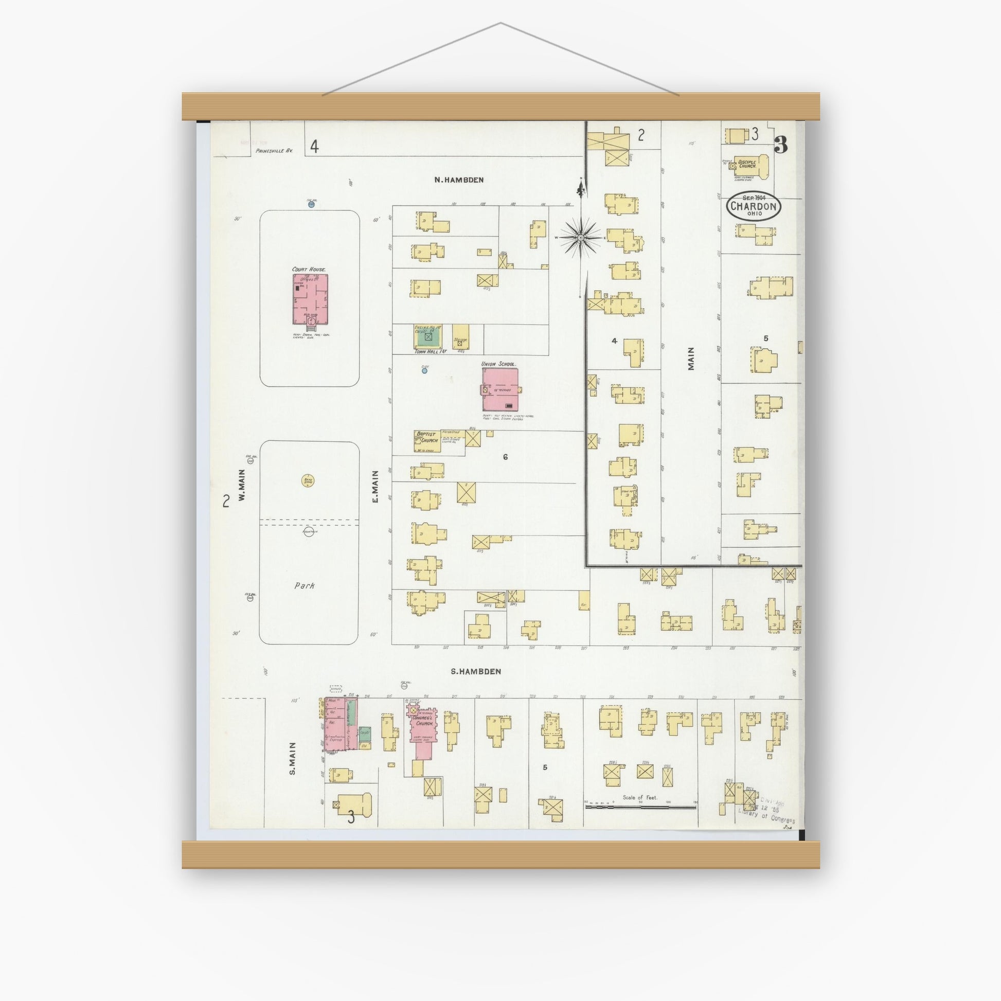 Old map wall art mockup — magnetic wood frame on white wall — Sanborn Fire Insurance Map from Chardon, Geauga County, Ohio (1904), Sheet #0003
