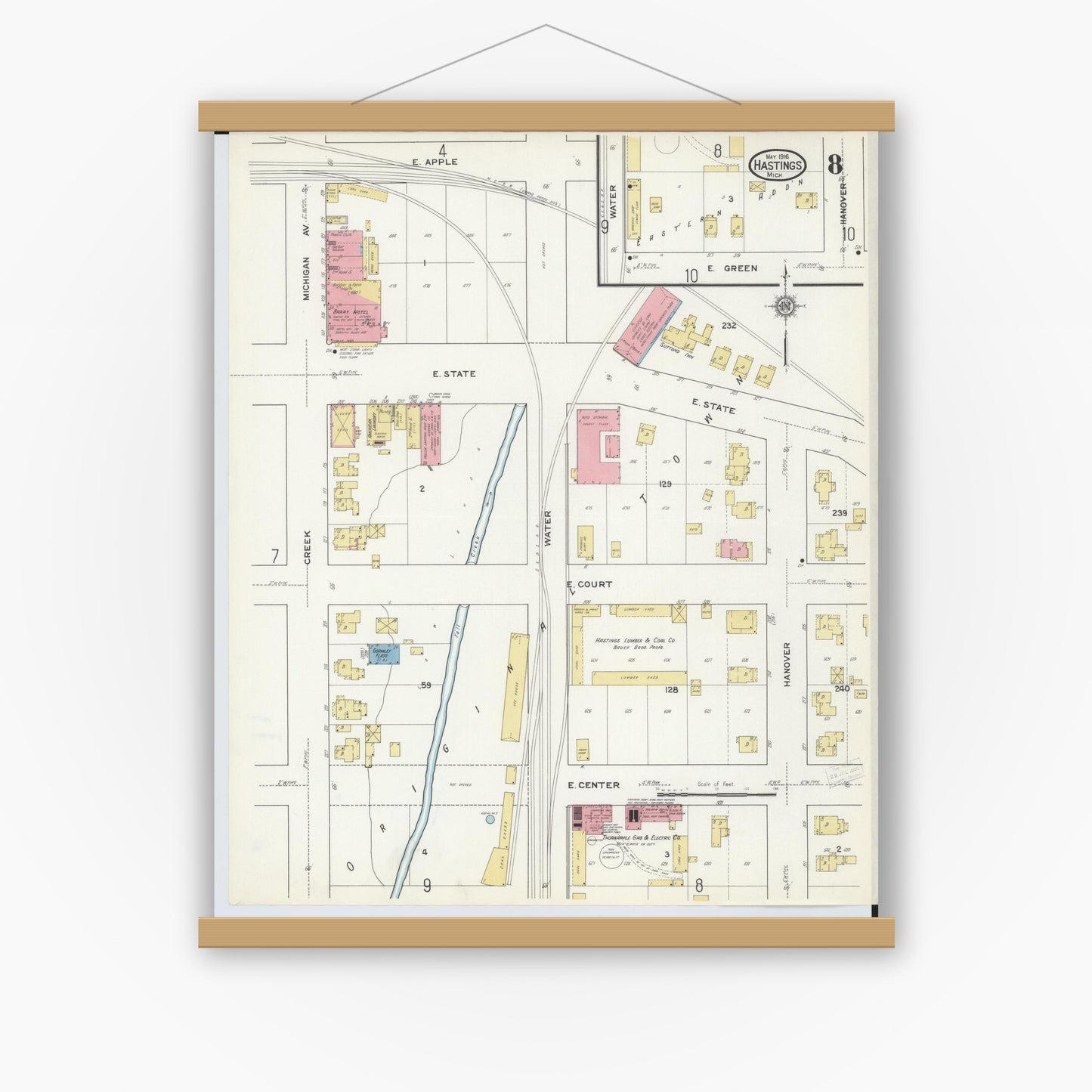 Old map wall art mockup — magnetic wood frame on white wall — Sanborn Fire Insurance Map from Hastings, Barry County, Michigan (1916), Sheet #0008