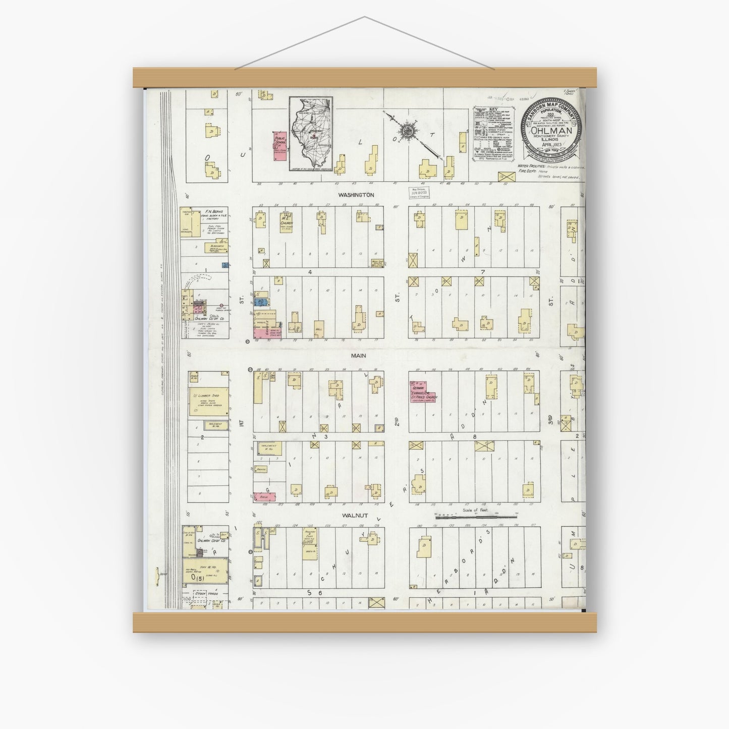 Old map wall art mockup — magnetic wood frame on white wall — Sanborn Fire Insurance Map from Ohlman, Montgomery County, Illinois (1923), Sheet #0001