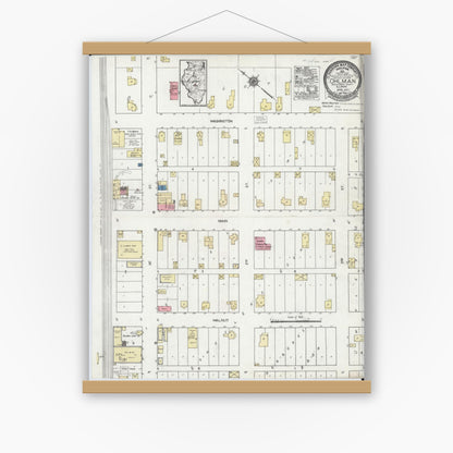 Old map wall art mockup — magnetic wood frame on white wall — Sanborn Fire Insurance Map from Ohlman, Montgomery County, Illinois (1923), Sheet #0001