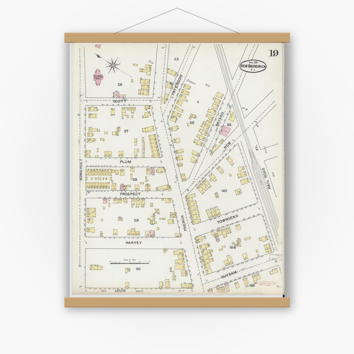 Old map wall art mockup — magnetic wood frame on white wall — Sanborn Fire Insurance Map from New Brunswick, Middlesex County, New Jersey (1892), Sheet #0019