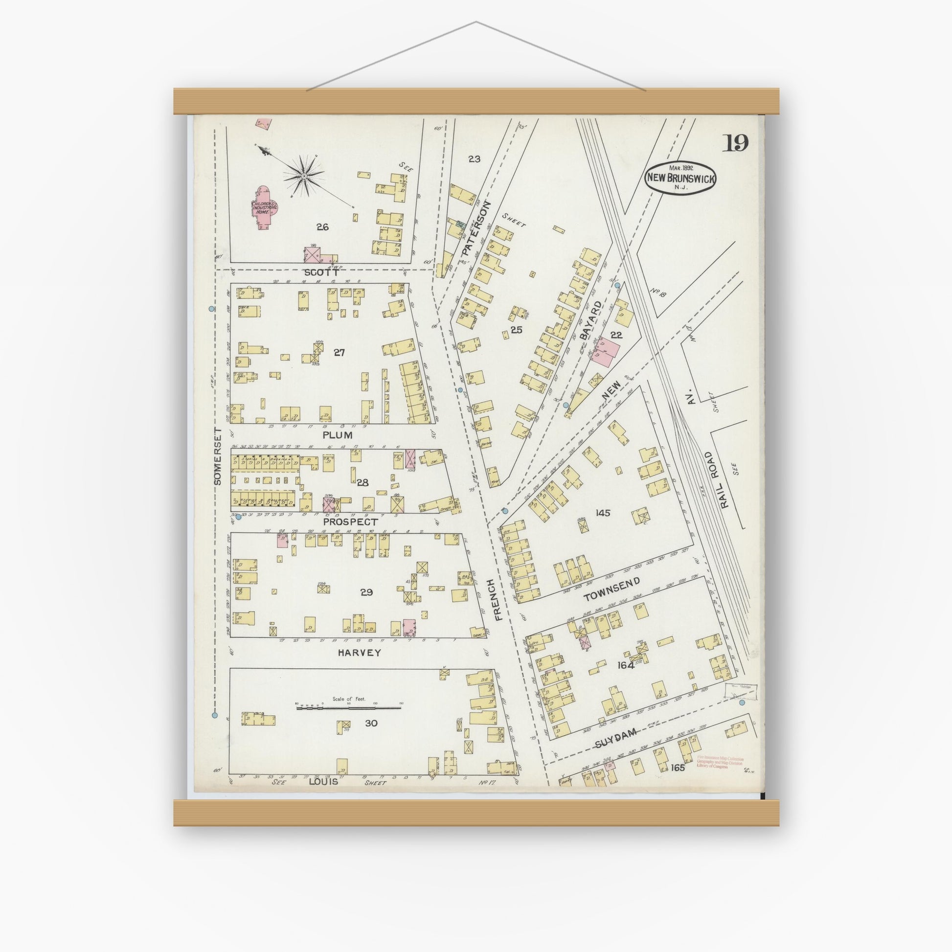 Old map wall art mockup — magnetic wood frame on white wall — Sanborn Fire Insurance Map from New Brunswick, Middlesex County, New Jersey (1892), Sheet #0019