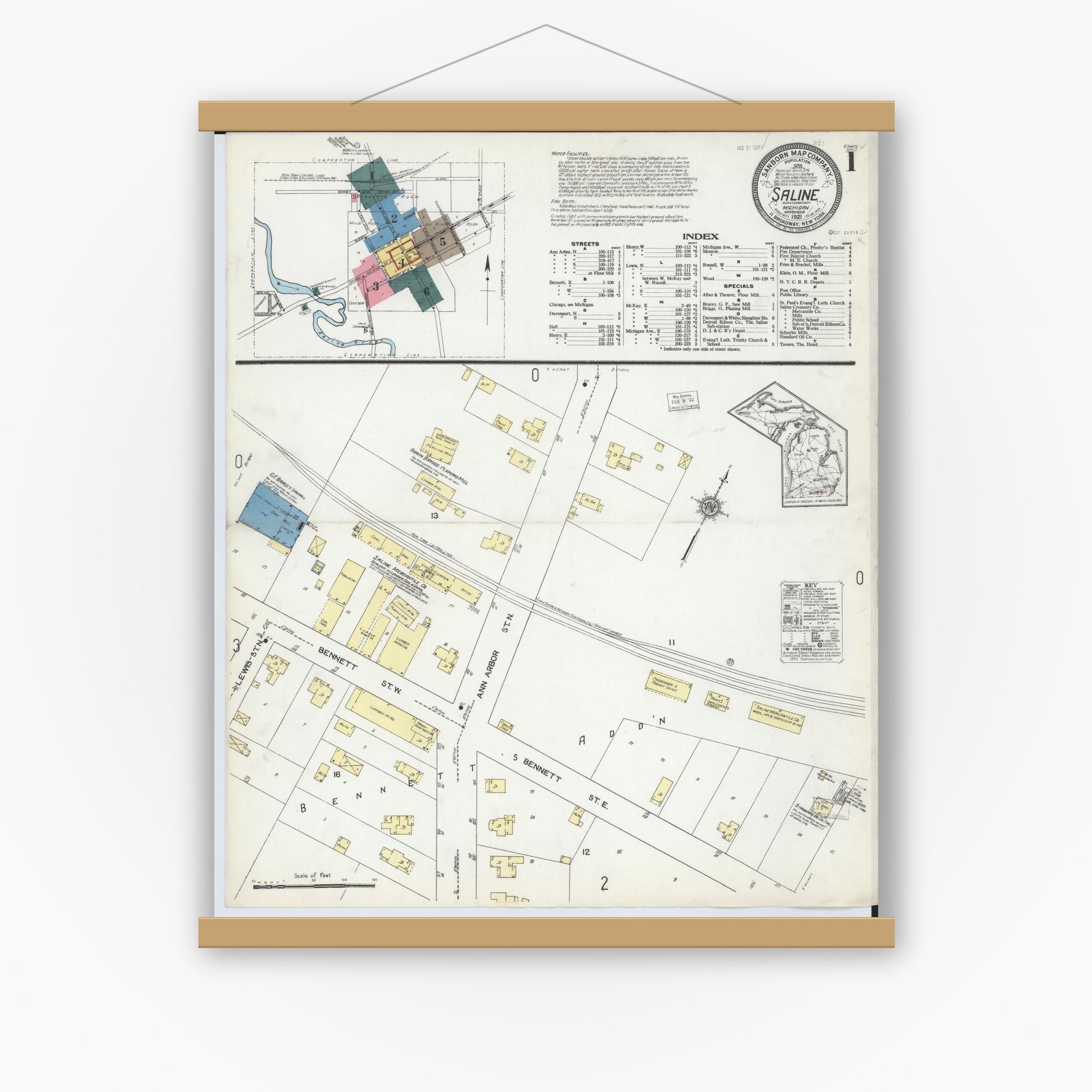 Old map wall art mockup — magnetic wood frame on white wall — Sanborn Fire Insurance Map from Saline, Washtenaw County, Michigan (1921) - Complete Map Set