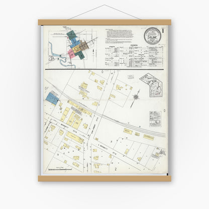 Old map wall art mockup — magnetic wood frame on white wall — Sanborn Fire Insurance Map from Saline, Washtenaw County, Michigan (1921) - Complete Map Set