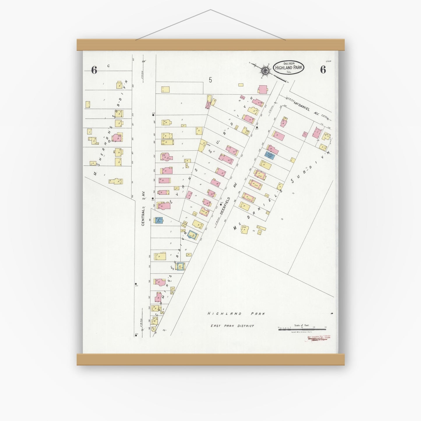 Old map wall art mockup — magnetic wood frame on white wall — Sanborn Fire Insurance Map from Highland Park, Lake County, Illinois (1924), Sheet #0006