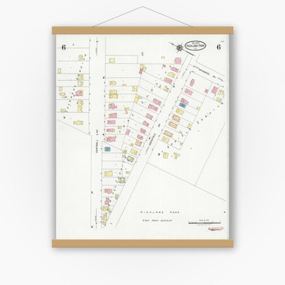 Old map wall art mockup — magnetic wood frame on white wall — Sanborn Fire Insurance Map from Highland Park, Lake County, Illinois (1924), Sheet #0006