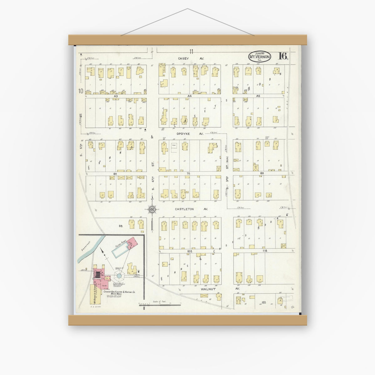 Old map wall art mockup — magnetic wood frame on white wall — Sanborn Fire Insurance Map from Mount Vernon, Jefferson County, Illinois (1913), Sheet #0016