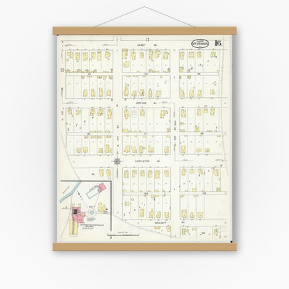 Old map wall art mockup — magnetic wood frame on white wall — Sanborn Fire Insurance Map from Mount Vernon, Jefferson County, Illinois (1913), Sheet #0016