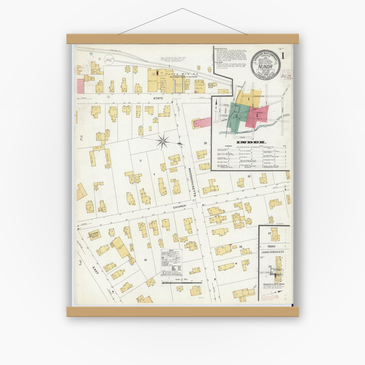 Old map wall art mockup — magnetic wood frame on white wall — Sanborn Fire Insurance Map from Nunda, Livingston County, New York (1908) - Complete Map Set
