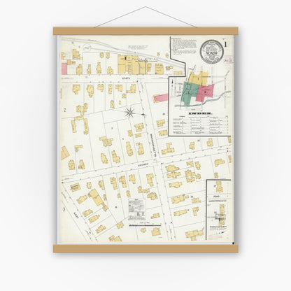 Old map wall art mockup — magnetic wood frame on white wall — Sanborn Fire Insurance Map from Nunda, Livingston County, New York (1908) - Complete Map Set