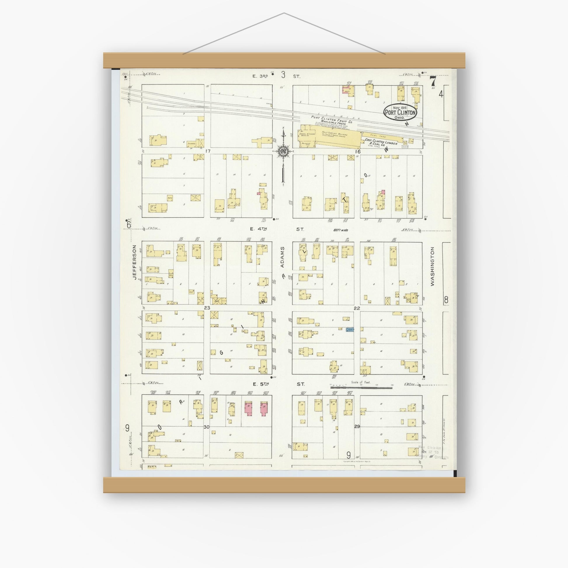 Old map wall art mockup — magnetic wood frame on white wall — Sanborn Fire Insurance Map from Port Clinton, Ottawa County, Ohio (1916), Sheet #0007